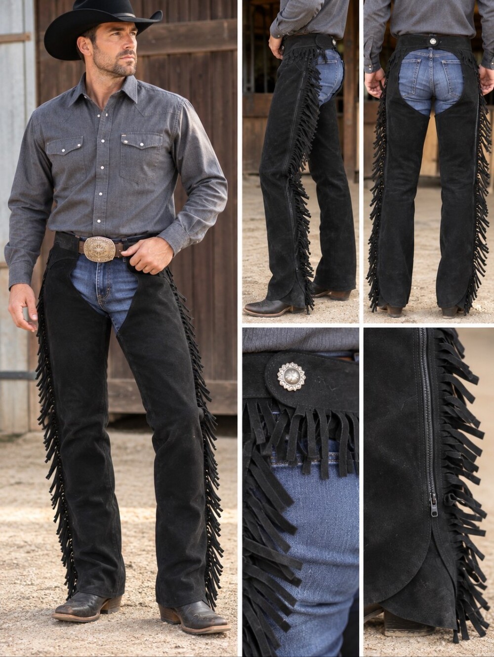 Black Fringe Suede Leather Chaps Men's Size Large